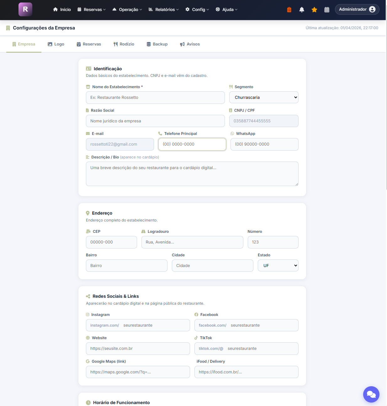 Config > Cardapio Digital